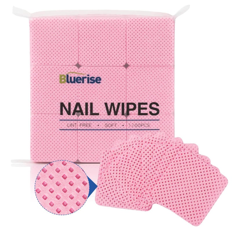 BLUERISE Lint Free Nail Wipes Pink 1200pcs Nail Polish Remover Pads Soft Absorbable Eyelash Extension Glue Cleaning Wipes