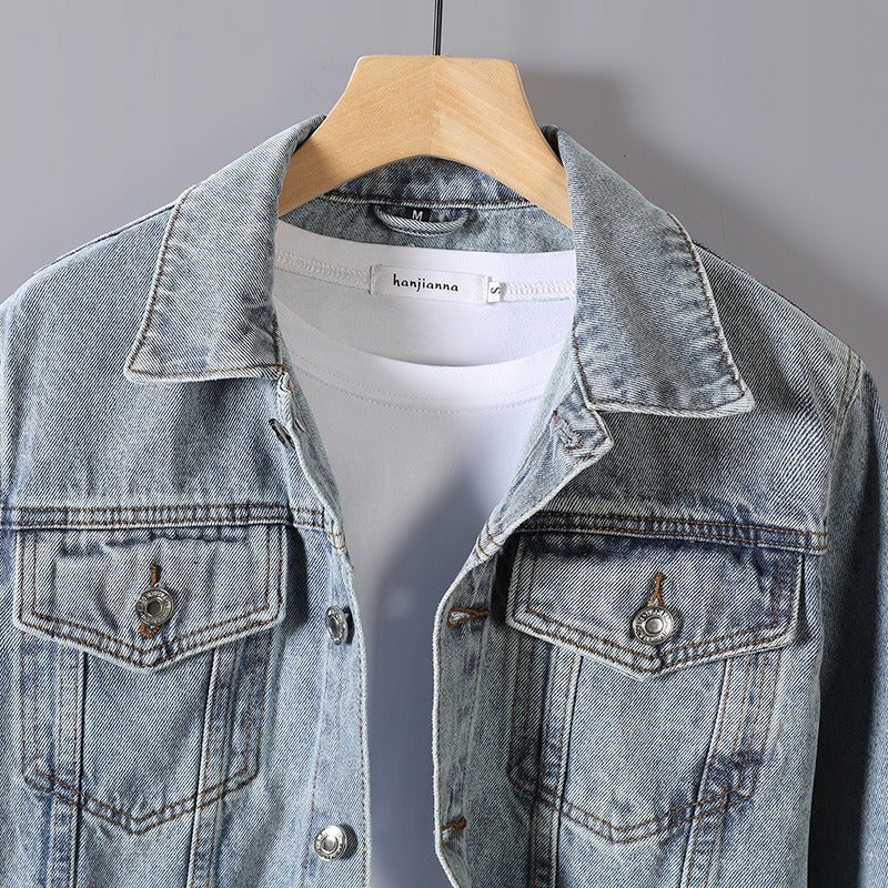 جاكيت دنيم مزين بطائر الكركي بأسلوب صيني أزرق فاتح للرجال من علامة دافي العصرية للأزياء الوطنية للأزواج - Image 5