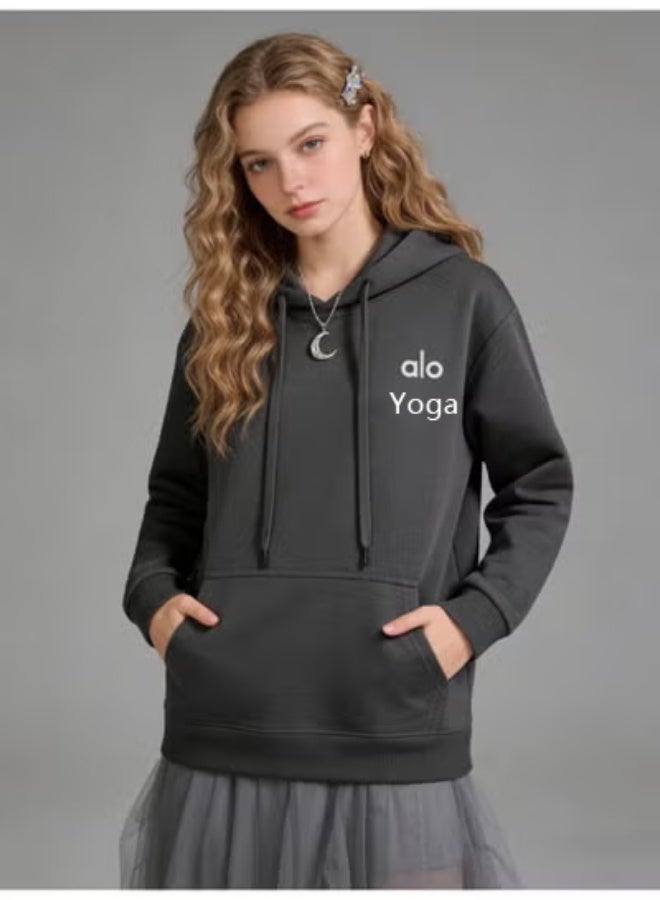 Alo Yoga hoodie sweater-minimalist logo pullover with kangaroo pocket, unisex sports leisure and daily leisure, retro color fashion top. - Image 2