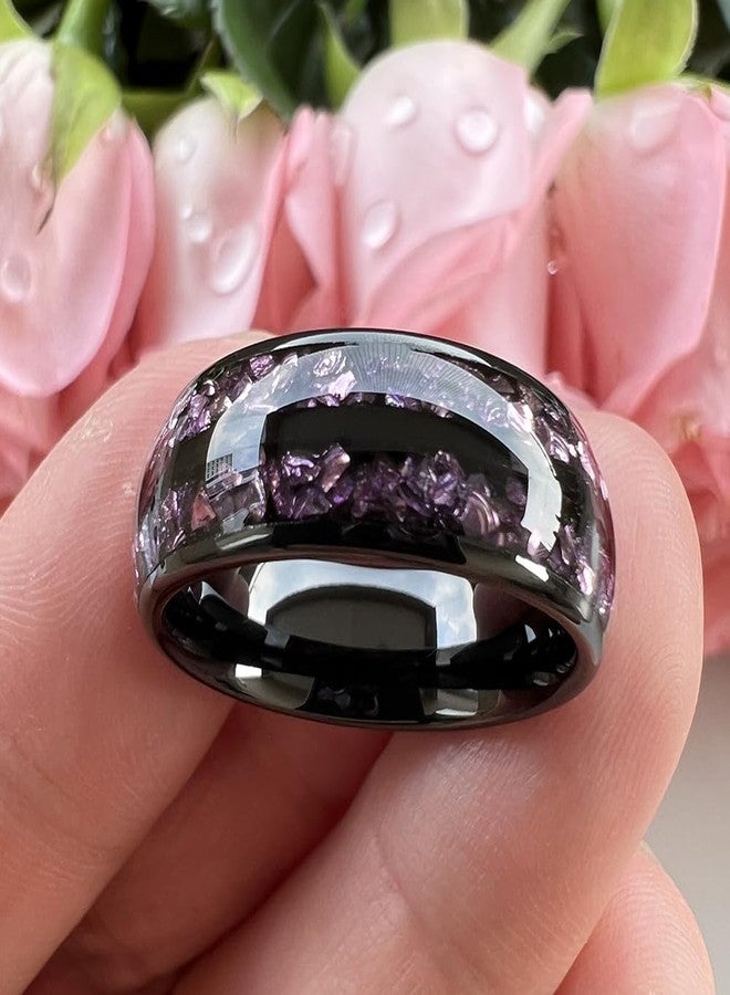 TUTISS 8mm Black Tungsten Rings for Men Women Purple Amethyst Inlay Fashion Engagement Promise Wedding Band Polished Comfort Fit Size 9.5 - Image 3