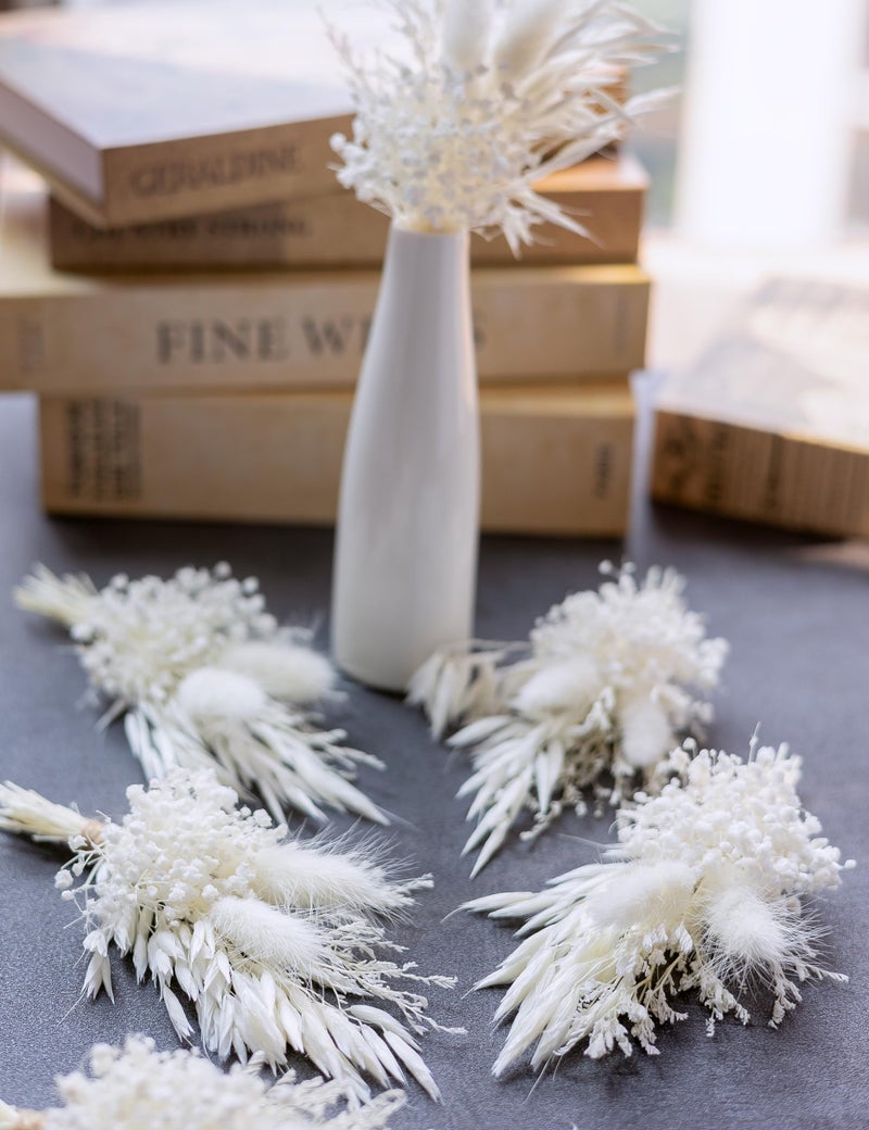xin's convey Mini Dried Flower Bouquet (Pack of 6)  Dried Flower Bouquet for Bohemian Wedding Table Centerpieces  Dried Pampas Grass  Groom and Best Man Boutonnieres  Dried Cake Flowers.(Pure White) - Image 2