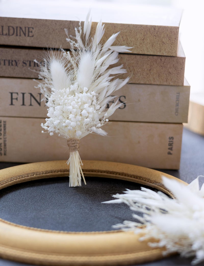 xin's convey Mini Dried Flower Bouquet (Pack of 6)  Dried Flower Bouquet for Bohemian Wedding Table Centerpieces  Dried Pampas Grass  Groom and Best Man Boutonnieres  Dried Cake Flowers.(Pure White) - Image 4