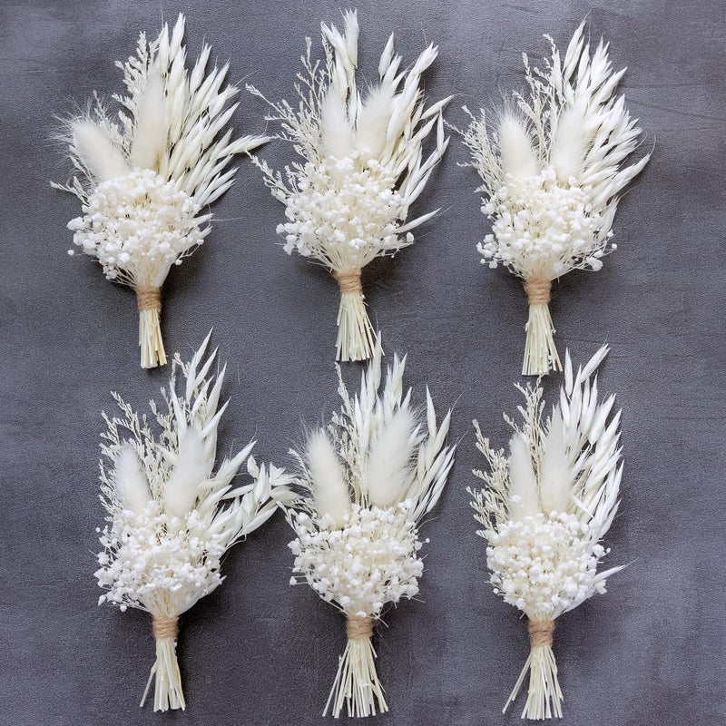 xin's convey Mini Dried Flower Bouquet (Pack of 6)  Dried Flower Bouquet for Bohemian Wedding Table Centerpieces  Dried Pampas Grass  Groom and Best Man Boutonnieres  Dried Cake Flowers.(Pure White) - Image 1
