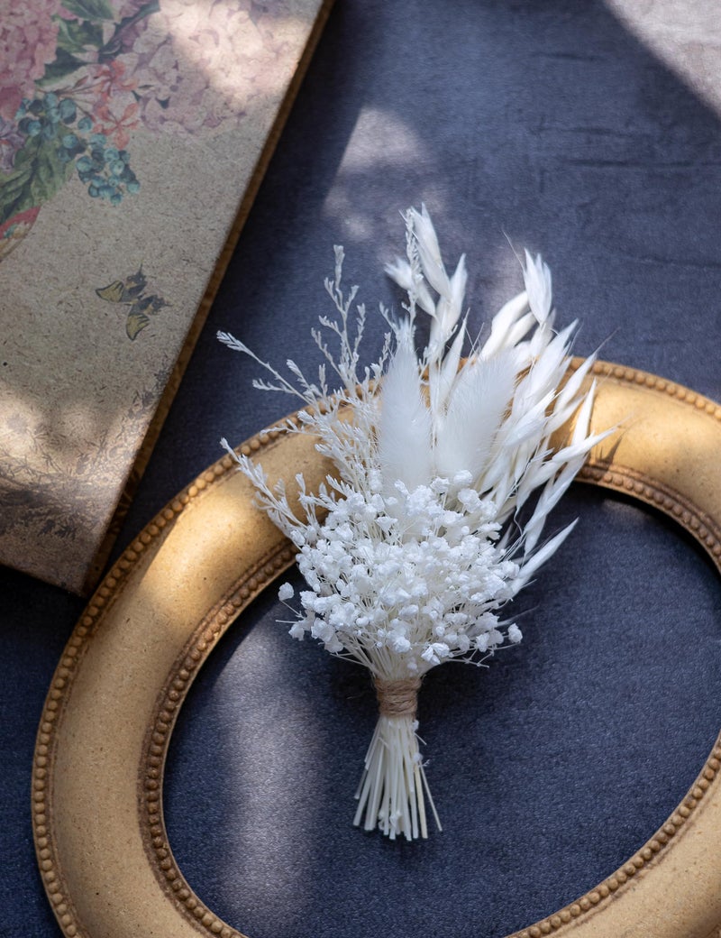 xin's convey Mini Dried Flower Bouquet (Pack of 6)  Dried Flower Bouquet for Bohemian Wedding Table Centerpieces  Dried Pampas Grass  Groom and Best Man Boutonnieres  Dried Cake Flowers.(Pure White) - Image 5