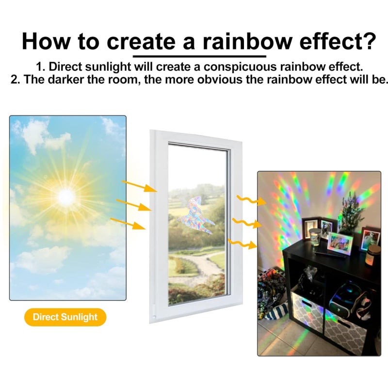 SHAWULA 72Pcs Birds Window Stickers Prevent Birds from Hitting Windows, Rainbow Sun Catcher Stickers No Glue Required, Non-Adhesive Reusable Vinyl Rainbow Stickers - Image 5