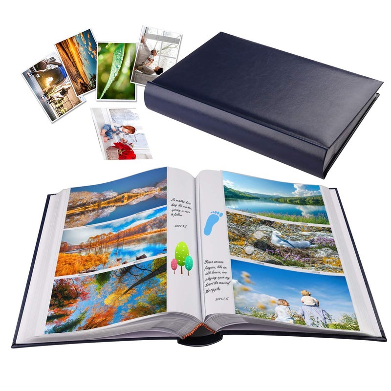 1DOT2 Photo Album 4x6 Photos Hold 402 Pockets with Memo Slip-in Pockets Photo Book  Leather Cover Picture Albums with Writing Space for Wedding Anniversary Family Vacation Mother's Day Christmas Gifts Blue