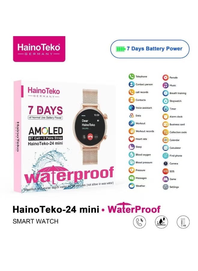 Haino Teko 24 Mini Waterproof Smartwatch with AMOLED Display, 7-Day Battery Life, Health & Fitness Tracking, Bluetooth Notifications, and 3 Interchangeable Straps – Gold Smartwatch for Women for Daily Wear, Workouts, Office, and Active Lifestyle - Image 4