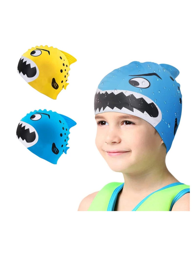 ECVV قبعات السباحة للأطفال من ECVV - عبوة من 2 قبعات سباحة ممتعة من السيليكون للبنات والأولاد، قبعات سباحة مقاومة للماء مع رسومات أسماك قرش كرتونية - Image 1