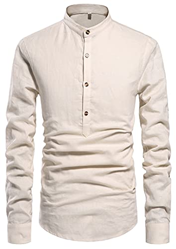 NITAGUT Men Henley Neck Long Sleeve Daily Look Linen Shirts Casual Beach T Shirts Beige-US L - Image 3