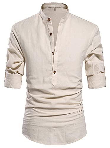 NITAGUT Men Henley Neck Long Sleeve Daily Look Linen Shirts Casual Beach T Shirts Beige-US L - Image 1