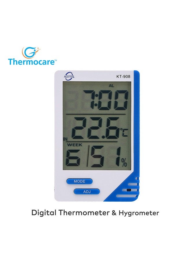 Thermocare Plastic Aceteq Digital Room Thermometer and Hygrometer Humidity Temperature Clock KT-908 (Multicolor) - Image 5