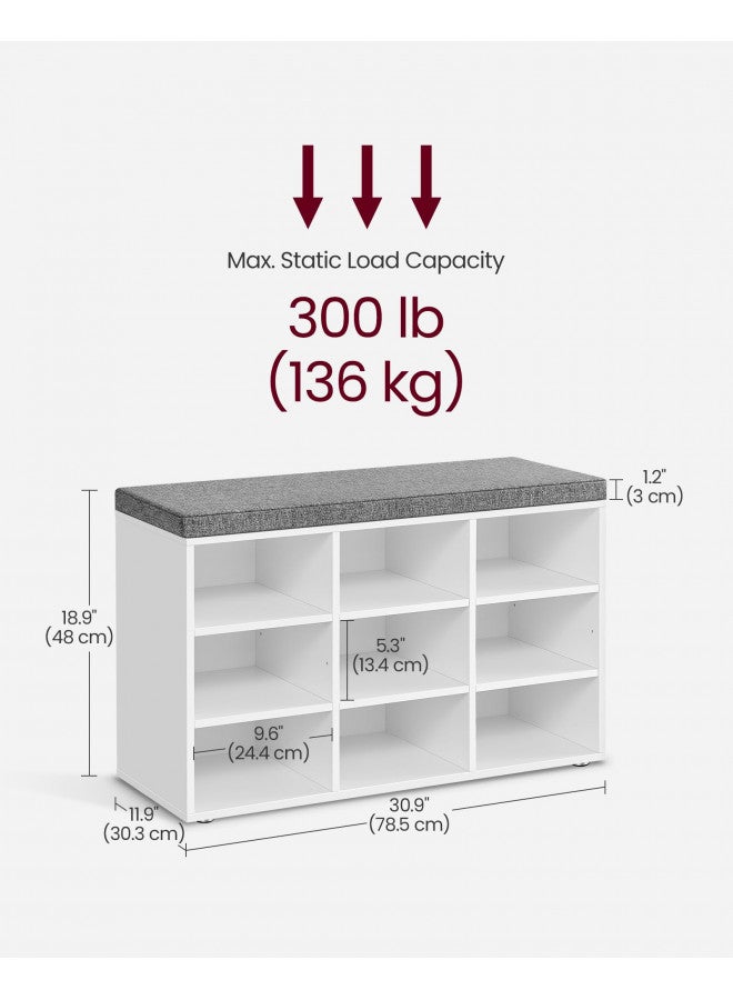VASAGLE VASAGLE Shoe Bench with Cushion, Storage Bench with Padded Seat, Entryway Bench with 9 Compartments, Adjustable Shelves, for Bedroom, 11.9 x 30.9 x 18.9 Inches, White and Gray ULHS009W14  - Image 5