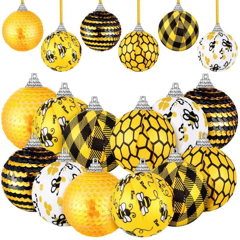 Yuxung 12 Pcs Summer Bee Ornaments 236 Inch Honeycomb Ball Hanging Ornaments Yellow Black Stripes Bee Ball Hanging with Sequin for Summer Holiday Party Favors - Image 2