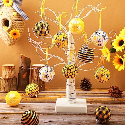 Yuxung 12 Pcs Summer Bee Ornaments 236 Inch Honeycomb Ball Hanging Ornaments Yellow Black Stripes Bee Ball Hanging with Sequin for Summer Holiday Party Favors - Image 3
