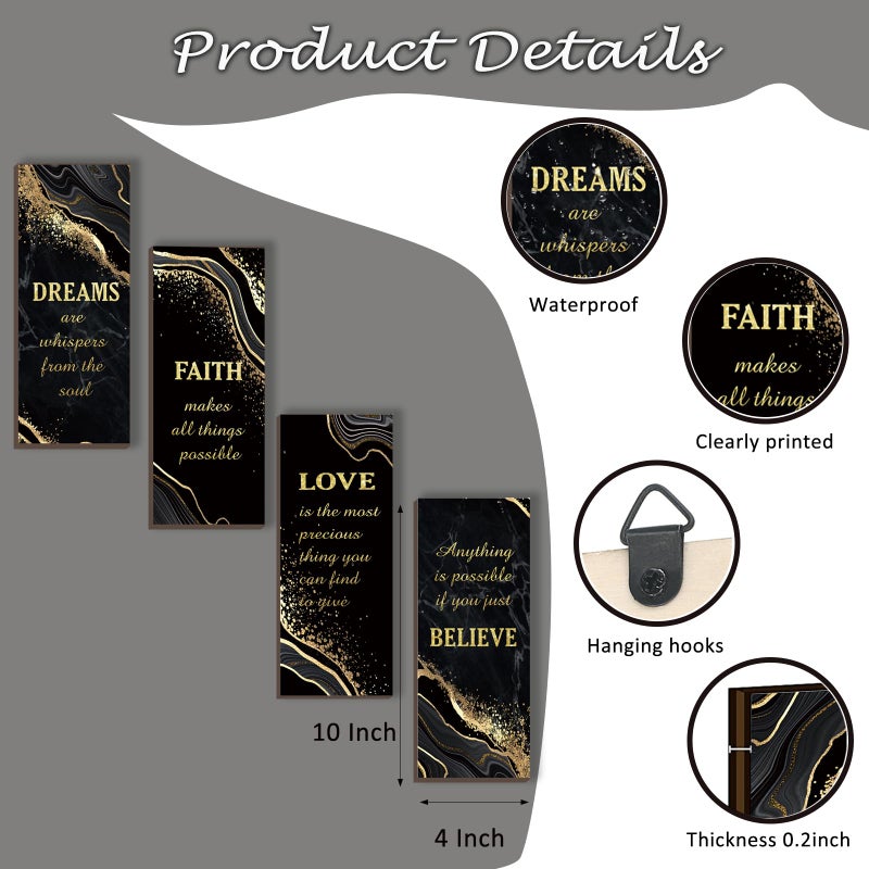 ONIZHITY 4 Pcs Black and Gold Bathroom Decor Gold Wall Decor with Dreams Faith Love Believe Wooden Rustic Marble Style Versatile Bathroom Accessories for Bedroom Living Room Kitchen(Black Gold 10X4) - Image 3