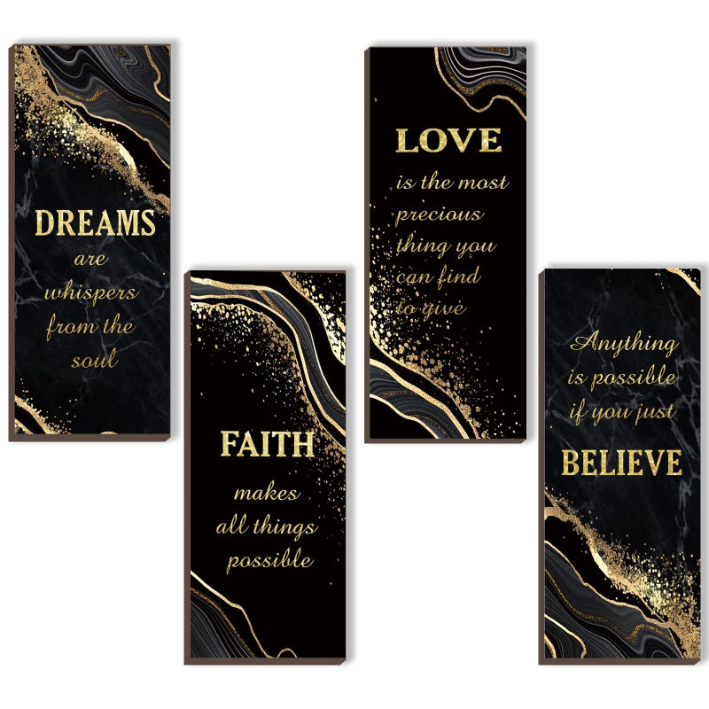 ONIZHITY 4 Pcs Black and Gold Bathroom Decor Gold Wall Decor with Dreams Faith Love Believe Wooden Rustic Marble Style Versatile Bathroom Accessories for Bedroom Living Room Kitchen(Black Gold 10X4) - Image 1