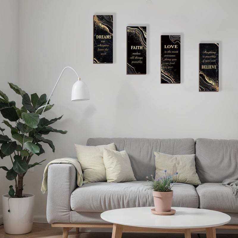 ONIZHITY 4 Pcs Black and Gold Bathroom Decor Gold Wall Decor with Dreams Faith Love Believe Wooden Rustic Marble Style Versatile Bathroom Accessories for Bedroom Living Room Kitchen(Black Gold 10X4) - Image 2