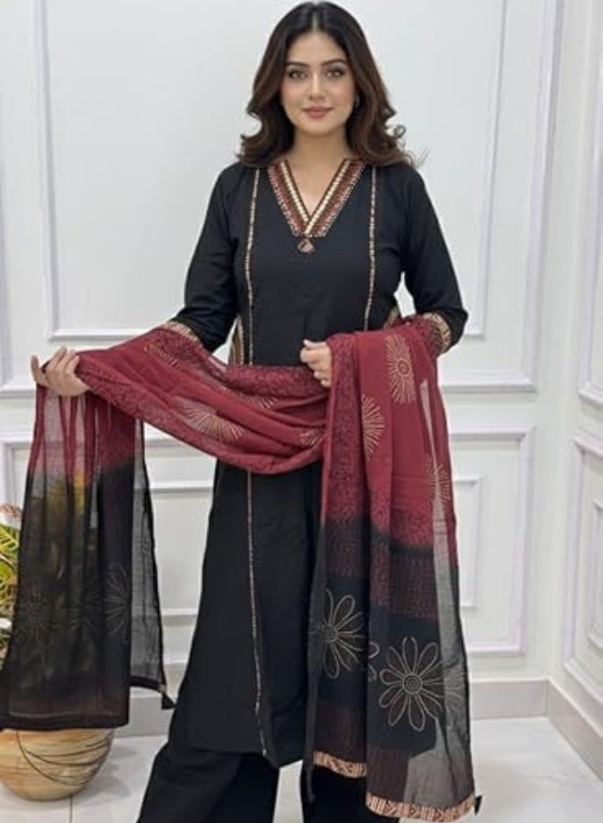 Ishq Behisaab Women's Embroidered Black Kurta Set | Tribal Art Three Piece Salwar Suit | A-line Cotton Kurti with Palazzo and Shawl - Image 2