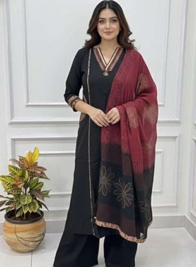 Ishq Behisaab Women's Embroidered Black Kurta Set | Tribal Art Three Piece Salwar Suit | A-line Cotton Kurti with Palazzo and Shawl - Image 3
