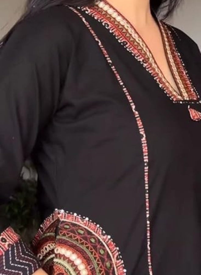 Ishq Behisaab Women's Embroidered Black Kurta Set | Tribal Art Three Piece Salwar Suit | A-line Cotton Kurti with Palazzo and Shawl - Image 1
