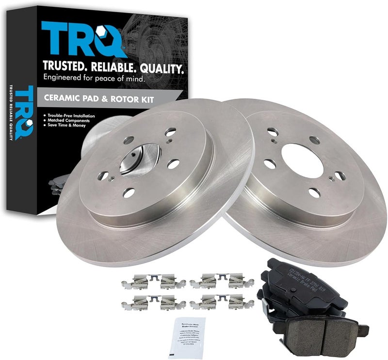 TRQ Rear Ceramic Brake Pad and Rotor Set Compatible with 14-19 Toyota Corolla 09-13 Matrix 10-13 Prius 12-13 Prius Plug-In 11-13 Lexus CT200h with 259mm Diameter Rear Rotors - Image 1