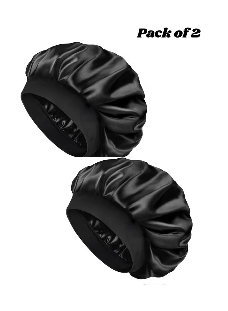 طقم 2 بونيه شعر ساتان حريري للنوم - قبعة نوم مزدوجة الطبقات قابلة للتعديل للشعر المجعد، قبعة استحمام للنساء، غطاء شعر ناعم للعناية بالشعر وصبغات الشعر ( قد يختلف اللون ) - Image 1