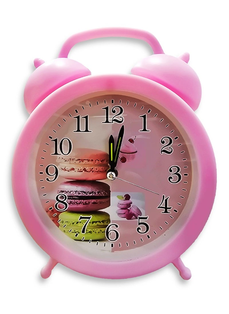 Generic Charming mini cartoon alarm clock, cute office decor, special gift, bedroom decor, creative classic design, cheerful pink color with macaron sweets drawing in the background  - Image 1