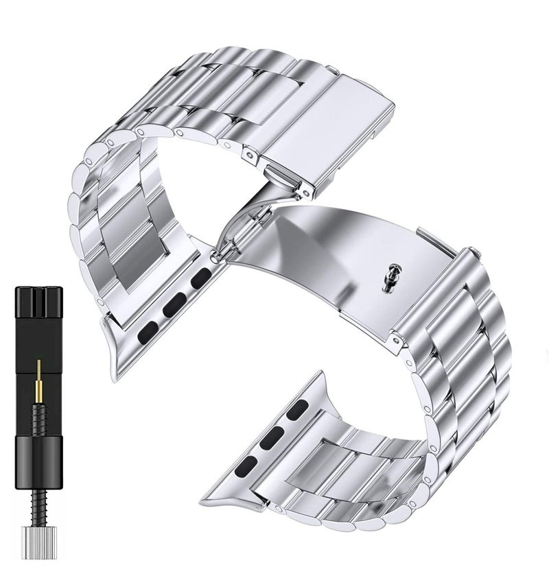 T TECLUSIVE Ultra Luxury Stainless Steel Metal Chain Strap Band Compatible for iWatch Ultra 2 49mm / Series 10 46mm / Series 9 8 7 45mm / Series 6 5 SE 44mm with Watch Adjuster Tool (Silver) - Image 1