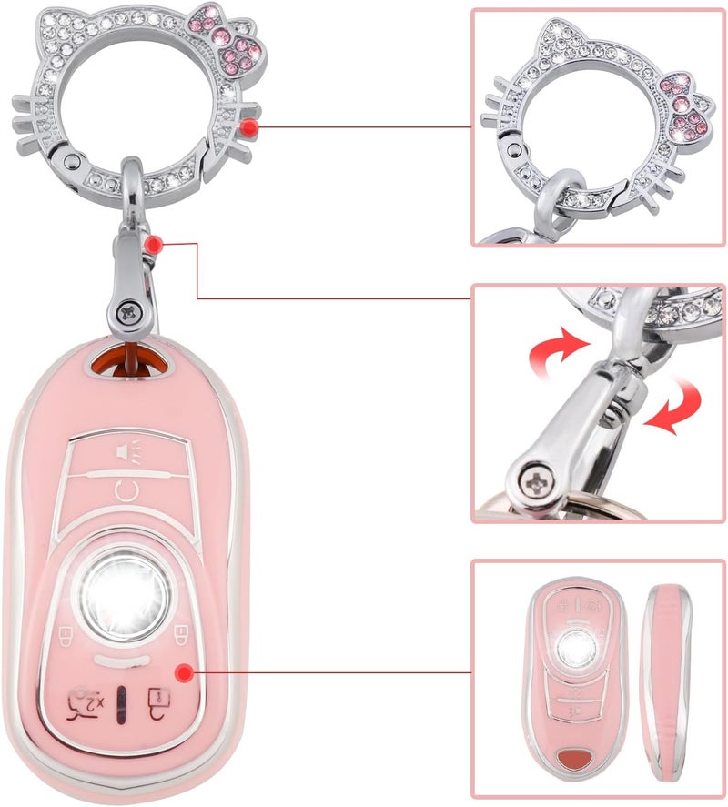 Pangpai Pink Key Fob Cover for Buick, Soft TPU Key Case Protection with Bling Keychain Fit for Buick Encore Enclave Lacrosse Envision Verano Regal GL8 5 Buttons Smart Key - Image 4