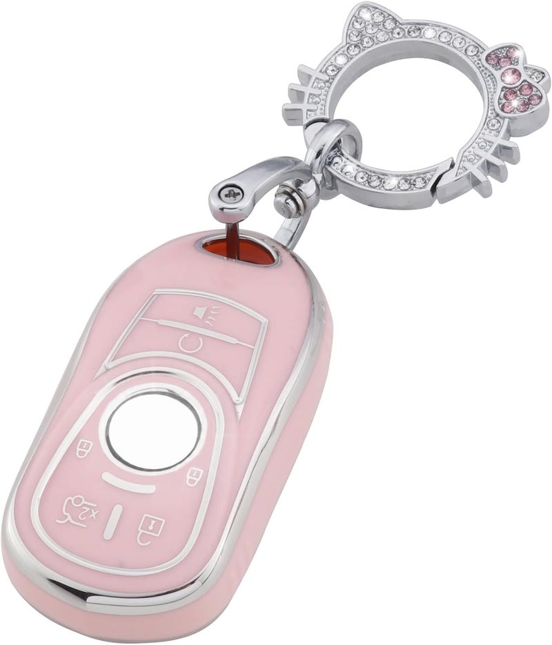 Pangpai Pink Key Fob Cover for Buick, Soft TPU Key Case Protection with Bling Keychain Fit for Buick Encore Enclave Lacrosse Envision Verano Regal GL8 5 Buttons Smart Key - Image 1