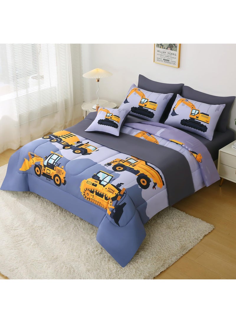 JQinHome JQinHome Construction Full Bedding Sets for Boys Kids 8 Piece Bed in A Bag 3D Cartoon Car Excavator Tractor Comforter Set with Sheet Set Trucks Cars  - Image 4