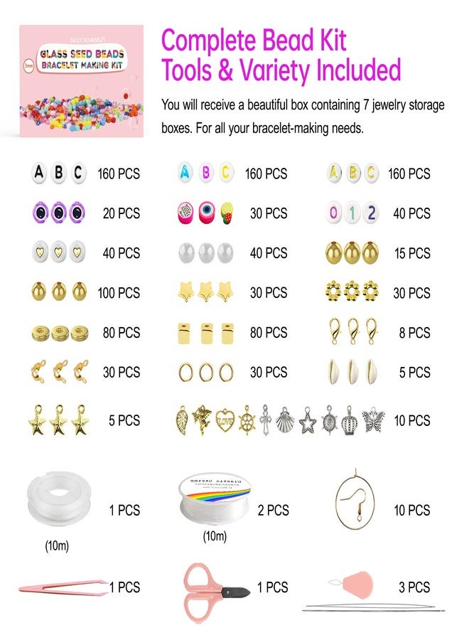 Redtwo 3mm 45000pcs Glass Seed Beads Kit, 7 Boxes 144 Colors Small Beads for Bracelets, Friendship Bracelet Kit with Charms and Letters - Image 3