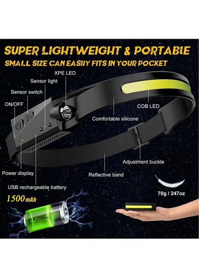 Poxvalzor Rechargeable LED Headlamp with 230° Wide Beam and Motion Sensor - 5 Light Modes, Lightweight, Weatherproof, and Portable for Camping, Hiking, Running, Fishing, and Emergency Use - USB-Charging COB Silicone Headlight - Image 2