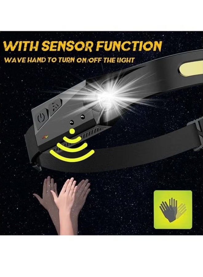 Poxvalzor Rechargeable LED Headlamp with 230° Wide Beam and Motion Sensor - 5 Light Modes, Lightweight, Weatherproof, and Portable for Camping, Hiking, Running, Fishing, and Emergency Use - USB-Charging COB Silicone Headlight - Image 4