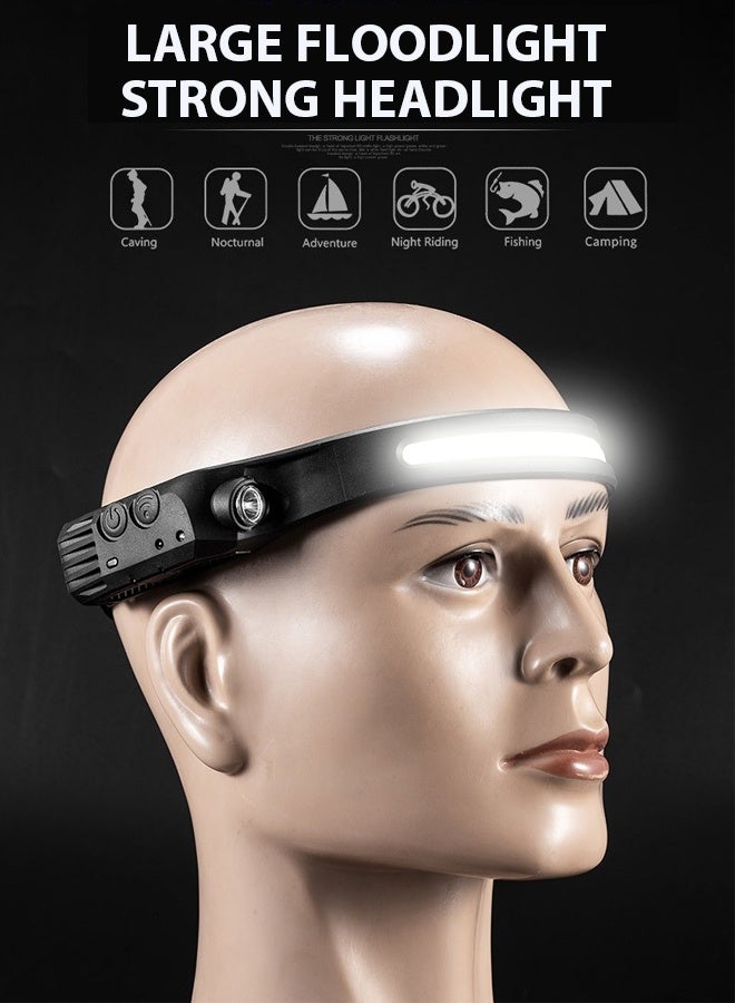 Poxvalzor Rechargeable LED Headlamp with 230° Wide Beam and Motion Sensor - 5 Light Modes, Lightweight, Weatherproof, and Portable for Camping, Hiking, Running, Fishing, and Emergency Use - USB-Charging COB Silicone Headlight - Image 1