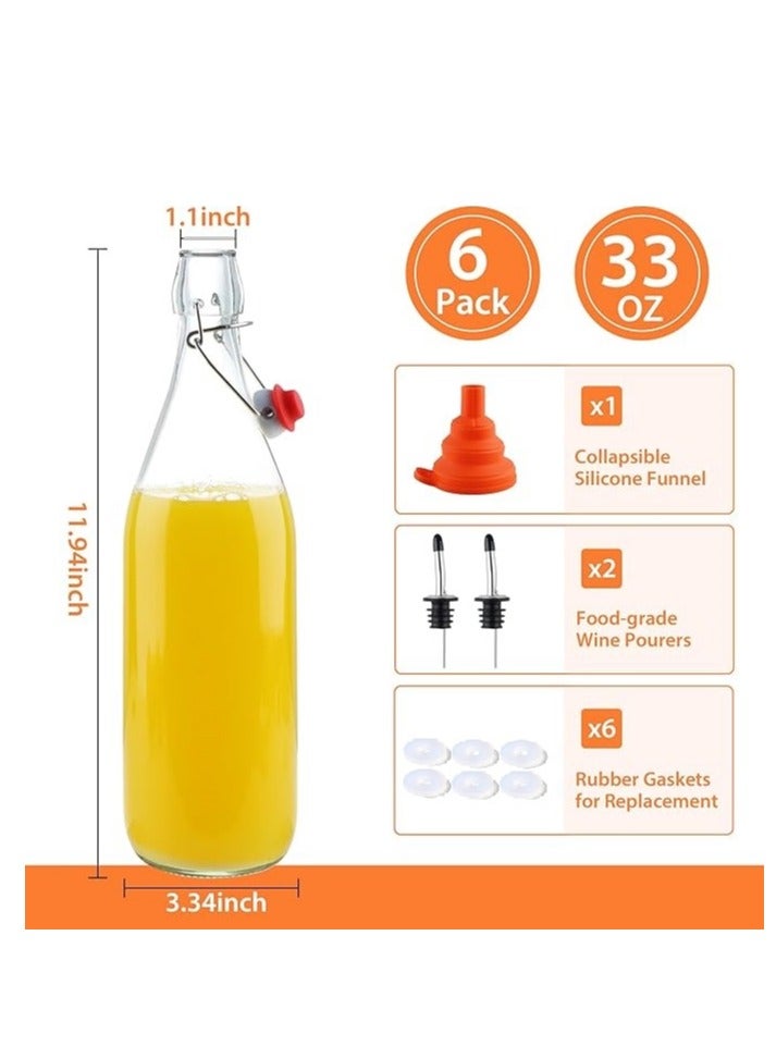 6 Pack 1 Liter Swing Top Glass Bottles, 33oz Flip Top Brewing Bottles with Airtight Stopper for Vanilla Extract, Kombucha