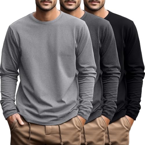 Ficerd 3 Pack Mens Big and Tall Shirts Long Sleeve Cotton Tee Crew Neck Oversize Tops Casual Loose Fit Knitted T ShirtsBlack Dark Gray Light GrayL - Image 1