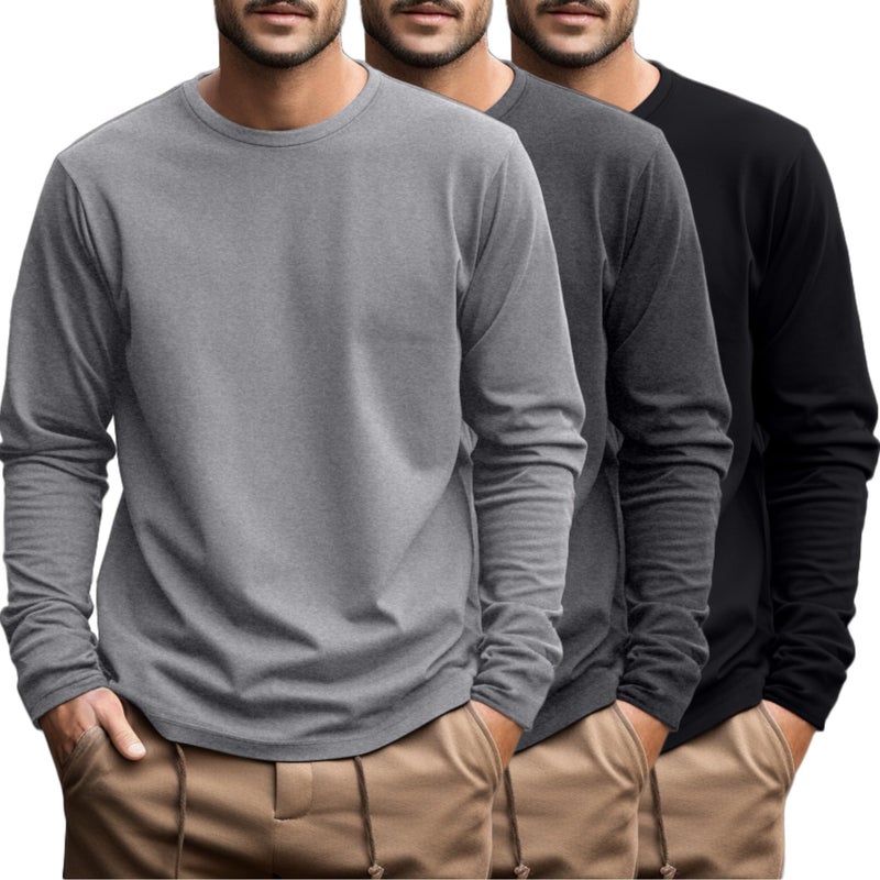 Ficerd 3 Pack Mens Big and Tall Shirts Long Sleeve Cotton Tee Crew Neck Oversize Tops Casual Loose Fit Knitted T ShirtsBlack Dark Gray Light GrayL - Image 2