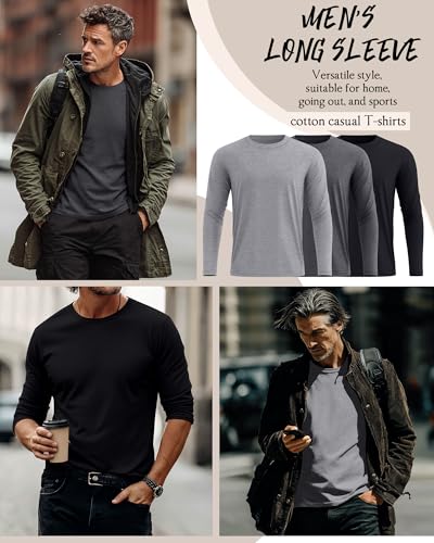 Ficerd 3 Pack Mens Big and Tall Shirts Long Sleeve Cotton Tee Crew Neck Oversize Tops Casual Loose Fit Knitted T ShirtsBlack Dark Gray Light GrayL - Image 3