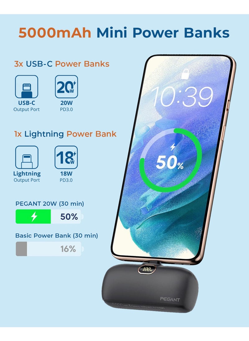 PEGANT Power Bank 5000mAh, 3 Compact Powerbanks with Charging Station, USB C Fast Charging Travel Charger Kit, Portable External Backup Battery, 20W USB C PD3.0 18W QC3.0  - Image 3