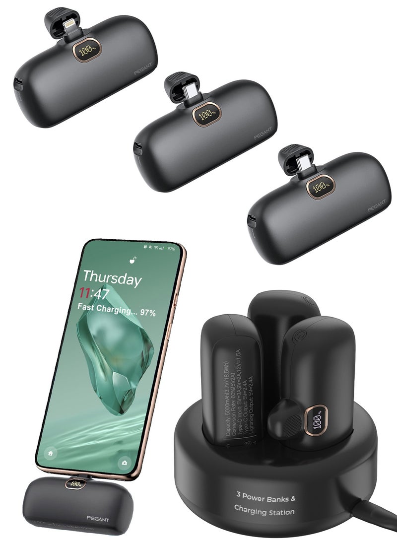 PEGANT Power Bank 5000mAh, 3 Compact Powerbanks with Charging Station, USB C Fast Charging Travel Charger Kit, Portable External Backup Battery, 20W USB C PD3.0 18W QC3.0  - Image 1