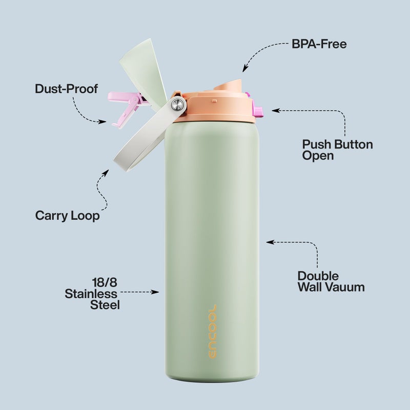 ENCOOL Insulated Water Bottle with Straw - Encool Stainless Steel Water Bottle with Push Button Lid, Leak-Proof & BPA-Free, Keeps Cold for 24 Hours for Sports, Travel, Gym (32 oz, Geyser Green) - Image 4
