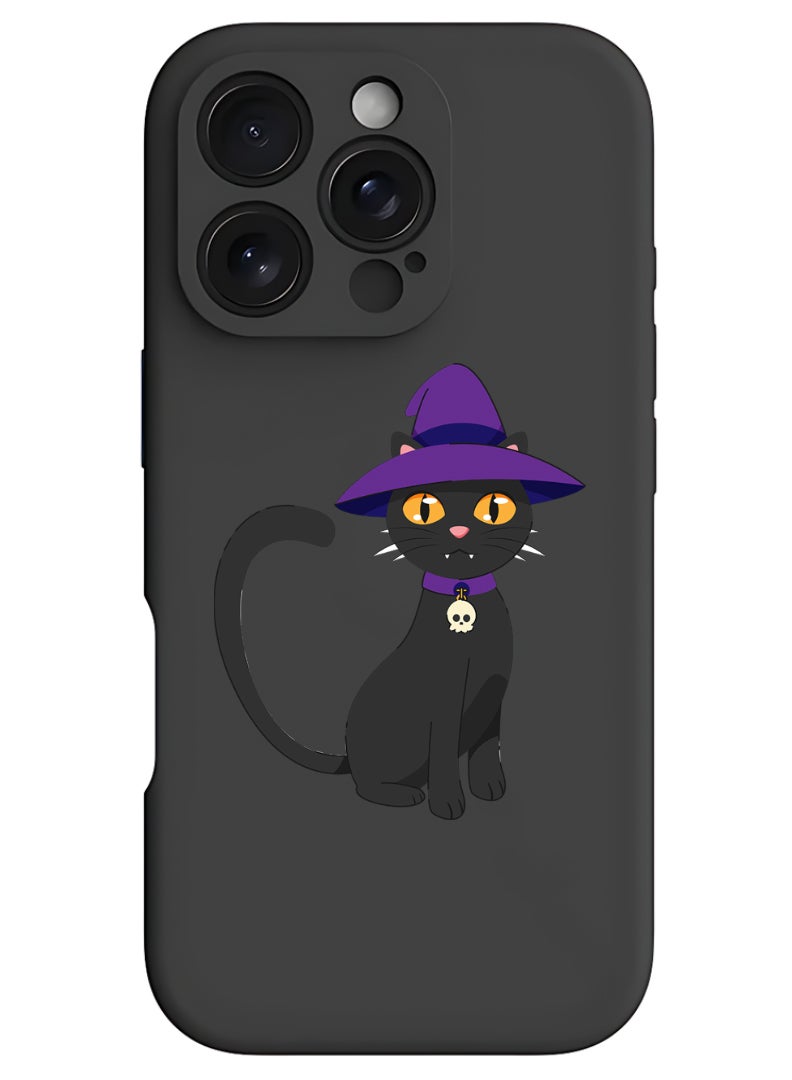 Theodor iPhone 16 Pro Max Black Protective Slim Fit Case Liquid Silicone Cover with Full Body Protection Anti-Scratch Shockproof Case For iPhone - Cat wearing hat halloween - Image 1