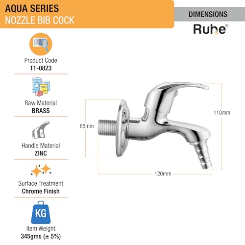 Ruhe® Aqua Brass Faucet/Tap | Nozzle Bib Cock Faucet/Tap | with Chrome Finish | for Washing Machine and Garden Pipes - Image 2