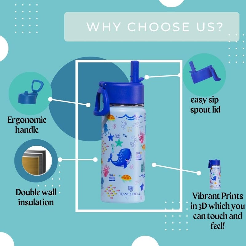 TOM  BELL Insulated Water Bottle for Kids 500ml,Double Wall Water Bottle for School, Sipper Bottle,Hot and Cold, Premium 304 Stainless Steel (Sea animals, 500ml) - Image 5
