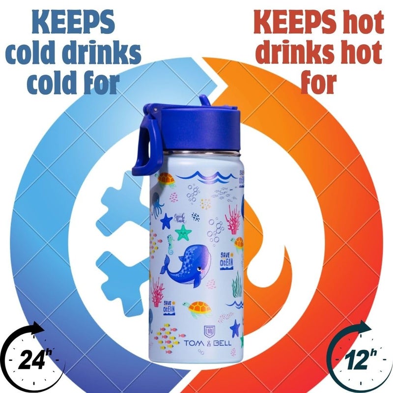 TOM  BELL Insulated Water Bottle for Kids 500ml,Double Wall Water Bottle for School, Sipper Bottle,Hot and Cold, Premium 304 Stainless Steel (Sea animals, 500ml) - Image 2