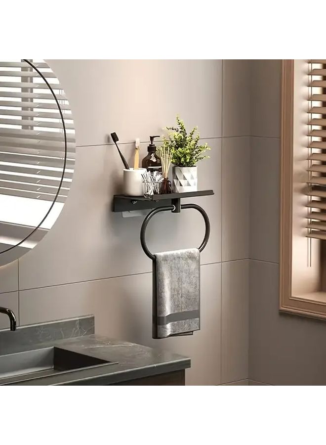 Black Stainless Steel Towel Ring With Shelf No Drill Wall Mounted Bathroom Organizer - Image 2