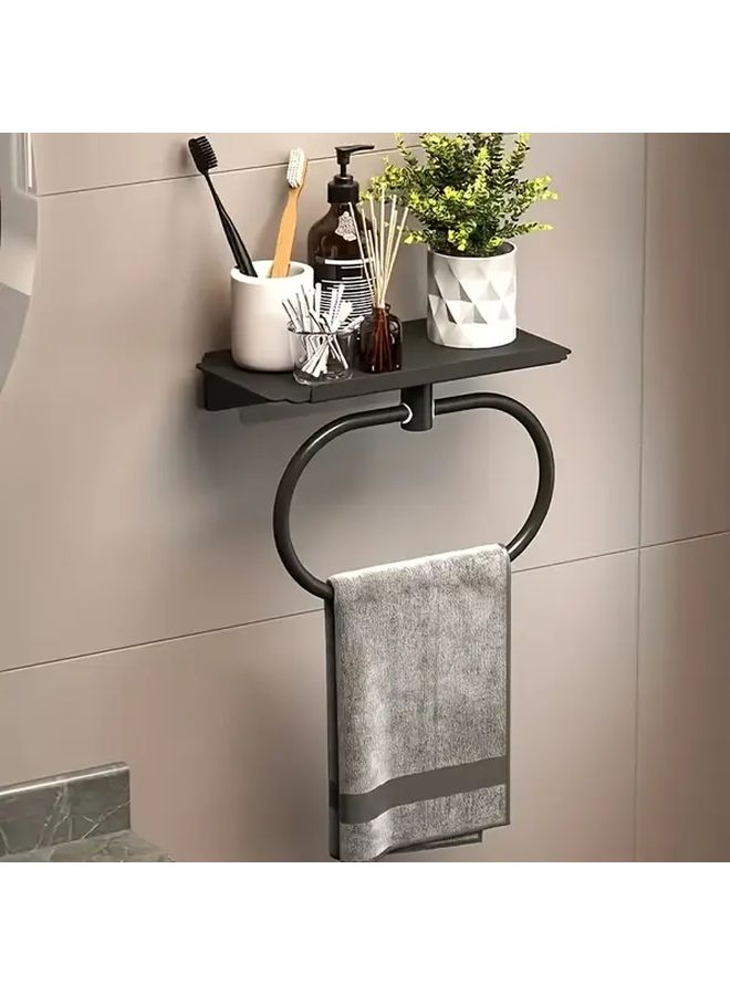 Black Stainless Steel Towel Ring With Shelf No Drill Wall Mounted Bathroom Organizer - Image 1