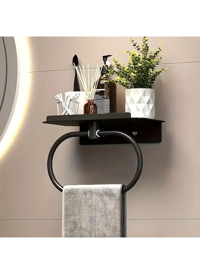 Black Stainless Steel Towel Ring With Shelf No Drill Wall Mounted Bathroom Organizer - Image 5
