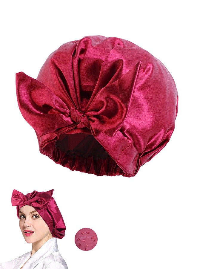 قبعة استحمام بعقدة ربطة عنق من الساتان، قبعات نوم مرنة قابلة للتعديل للعناية بالشعر، قبعات غطاء للشعر للاستحمام أثناء النوم (أحمر) - Image 1